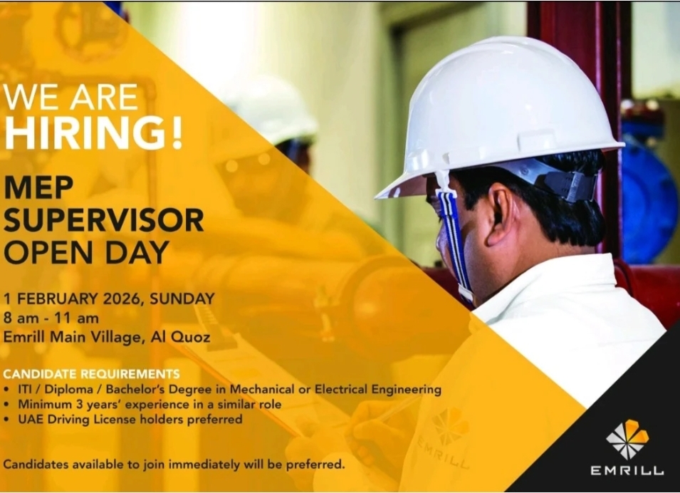 Emrill Open Day For MEP Supervisor, Walk – In – Interview In Dubai